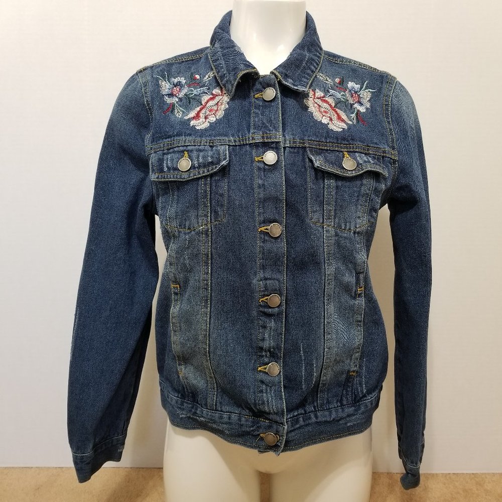 Jade & Ivory jacket Medium floral embroidered denim jean distressed button front